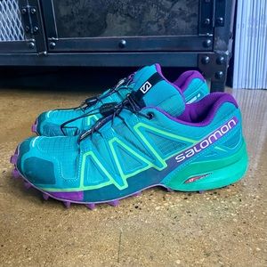 Purple and green speed cross 4 trail running shoes sneakers by Salomon size 39.5